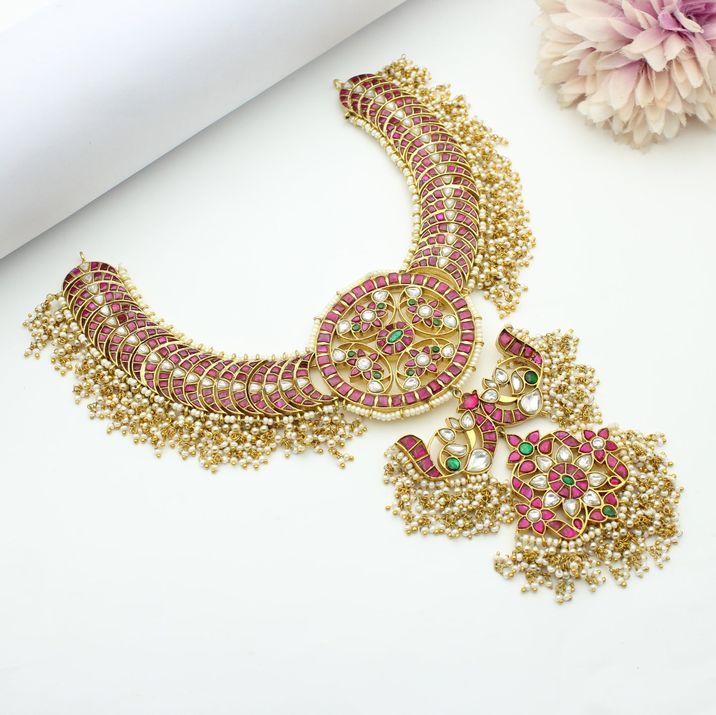 Handmade Jadau Kundan Tusi necklace with guttapusalu