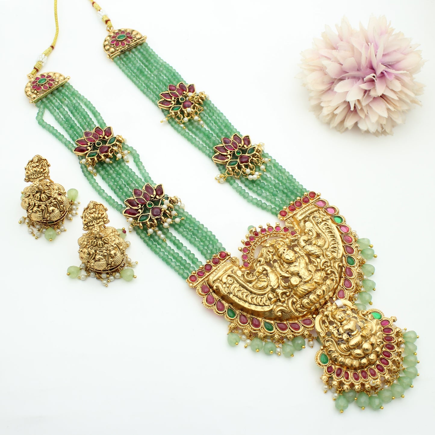 6 Lines Onex Beads Rani Haar With Lotus Pendant Set