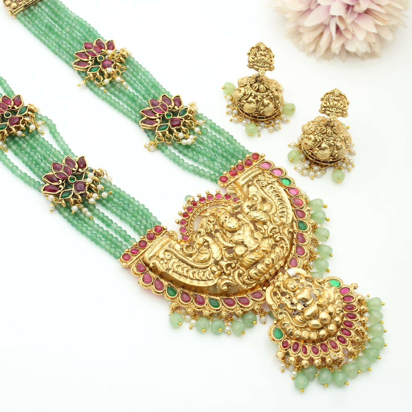 6 Lines Onex Beads Rani Haar With Lotus Pendant Set