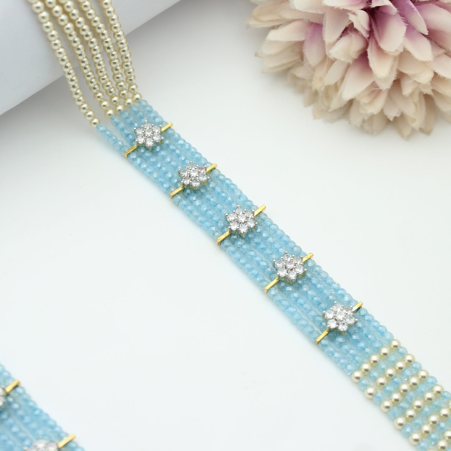 5 Lines Sugar Beads Mala Sky Blue
