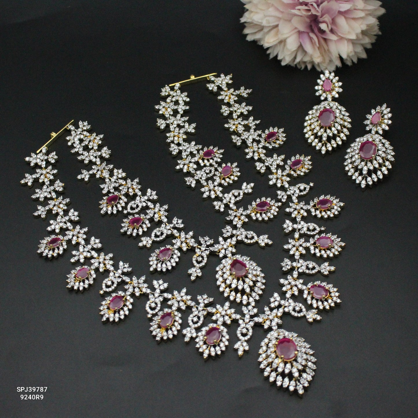 Real Diamond Look 2 layers necklace bridal with Ruby stones and screwback earrings