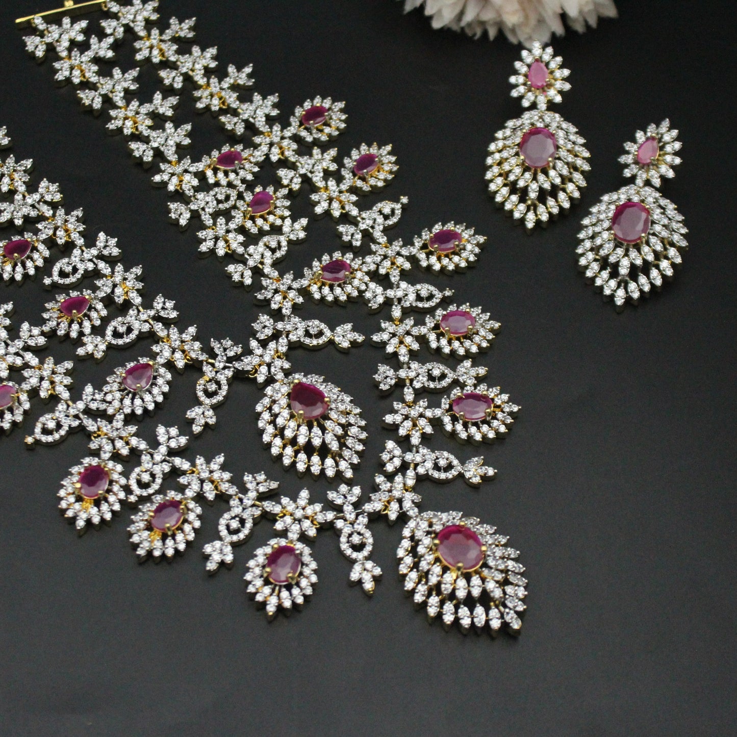 Real Diamond Look 2 layers necklace bridal with Ruby stones and screwback earrings