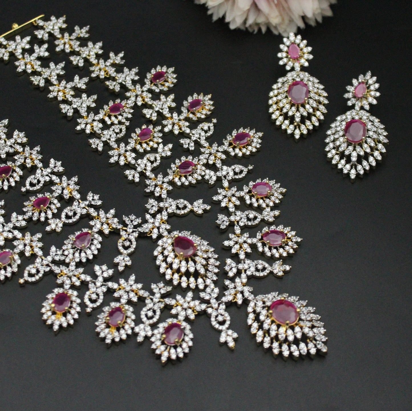 Real Diamond Look 2 layers necklace bridal with Ruby stones and screwback earrings