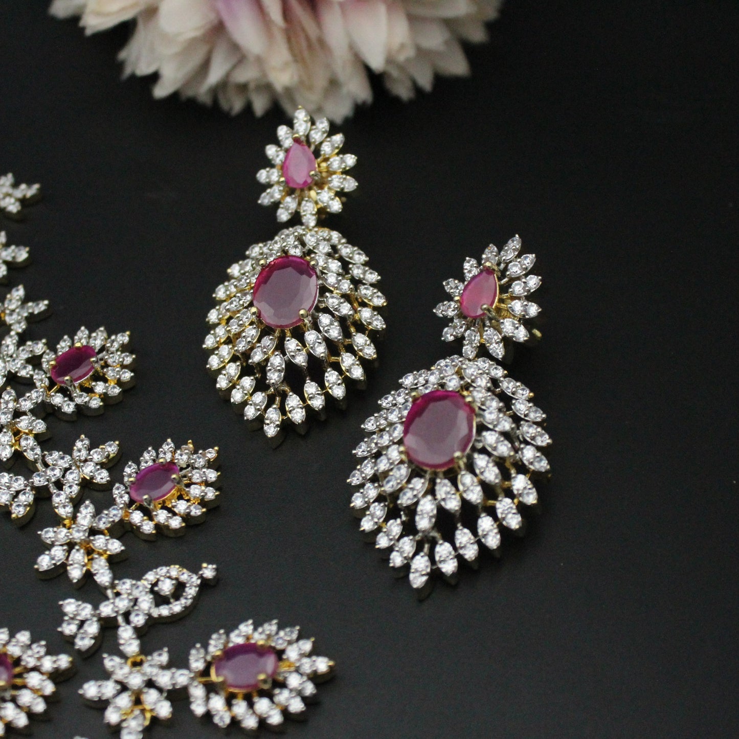 Real Diamond Look 2 layers necklace bridal with Ruby stones and screwback earrings