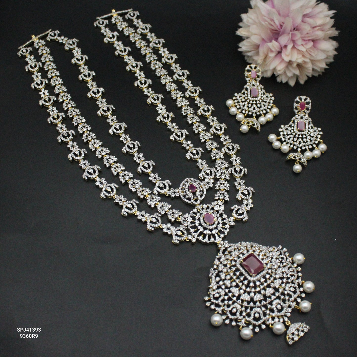 GJ 3 Layers Long Necklace Set Red