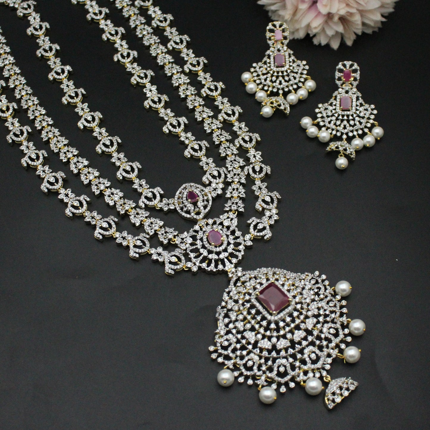 GJ 3 Layers Long Necklace Set Red