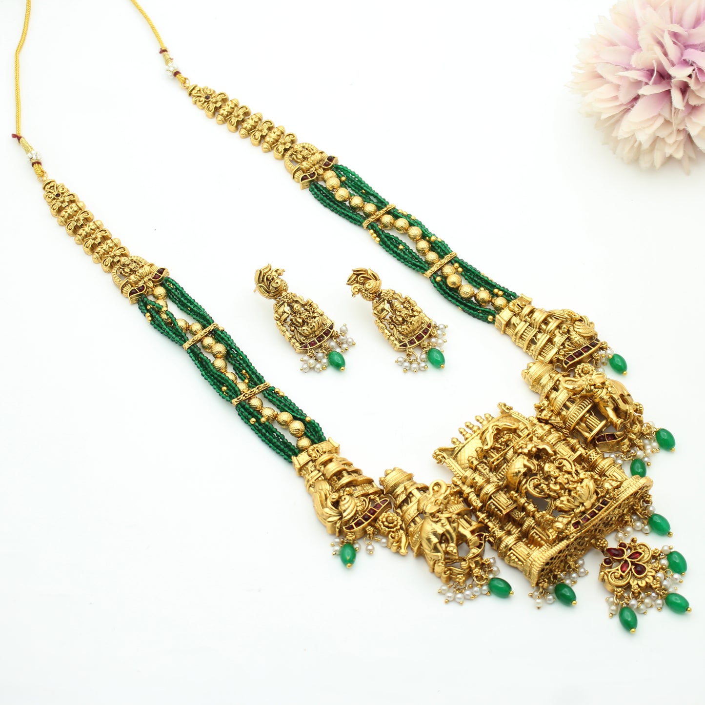 3D Nakshi Laxmi Temple Long Necklace Set With Push Back Earrings