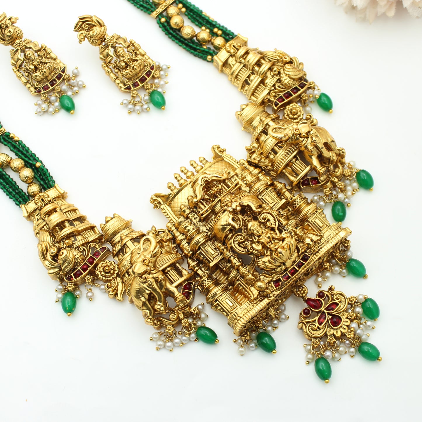3D Nakshi Laxmi Temple Long Necklace Set With Push Back Earrings