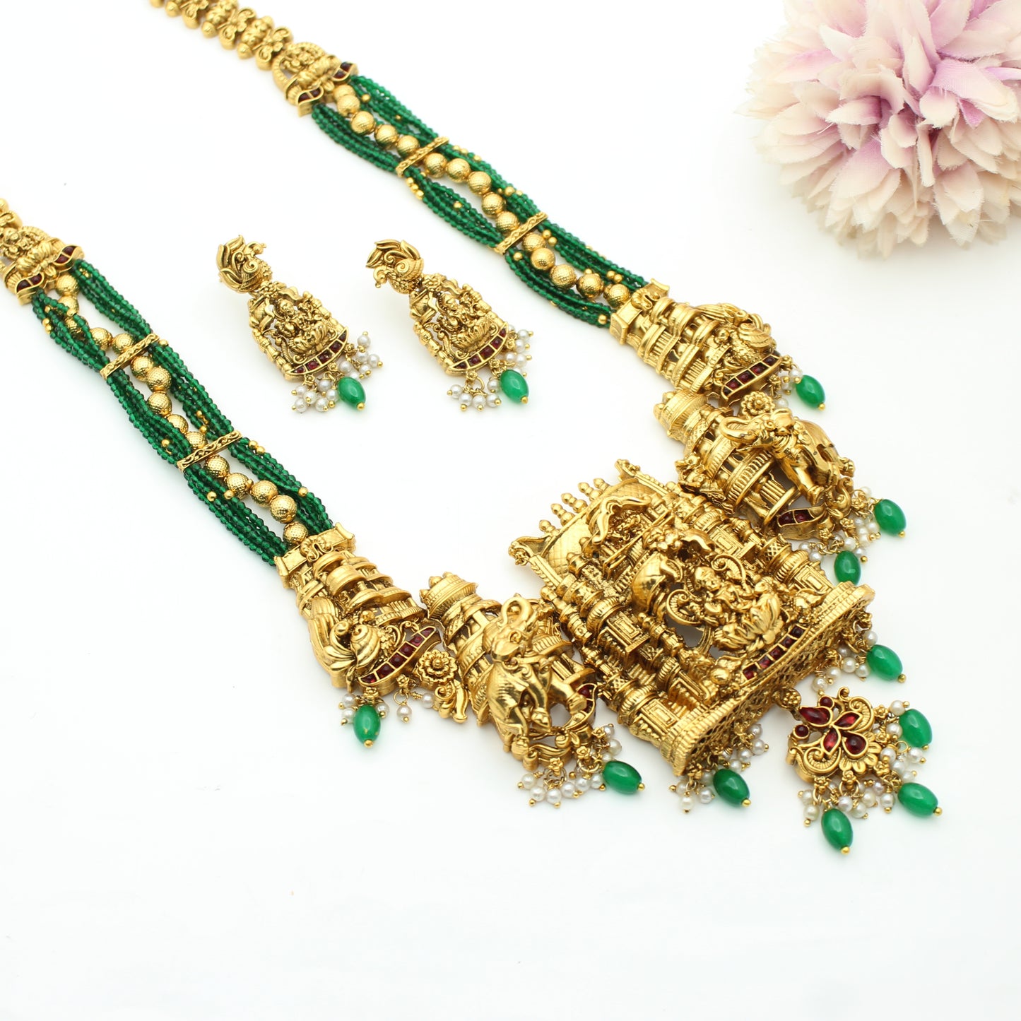 3D Nakshi Laxmi Temple Long Necklace Set With Push Back Earrings