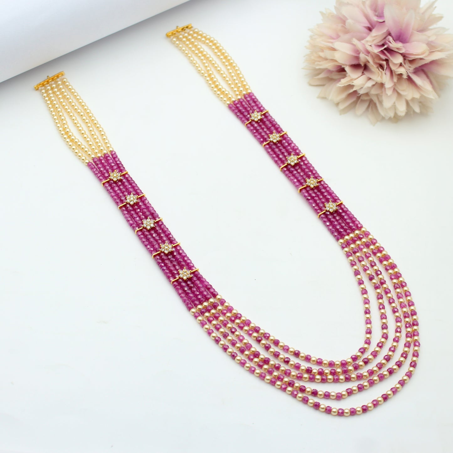 5 Lines Sugar Beads Mala Ranu Pink