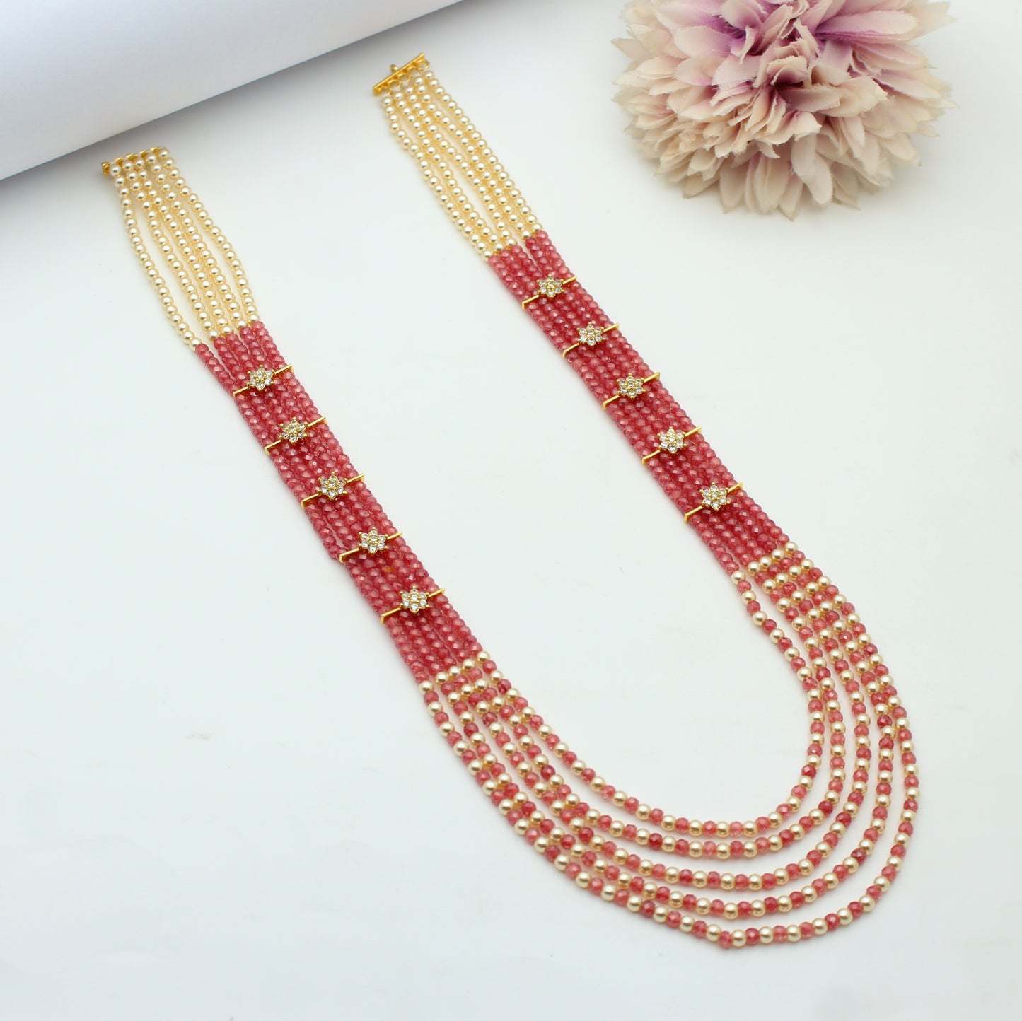 5 Lines Sugar Beads Mala Onion Pink