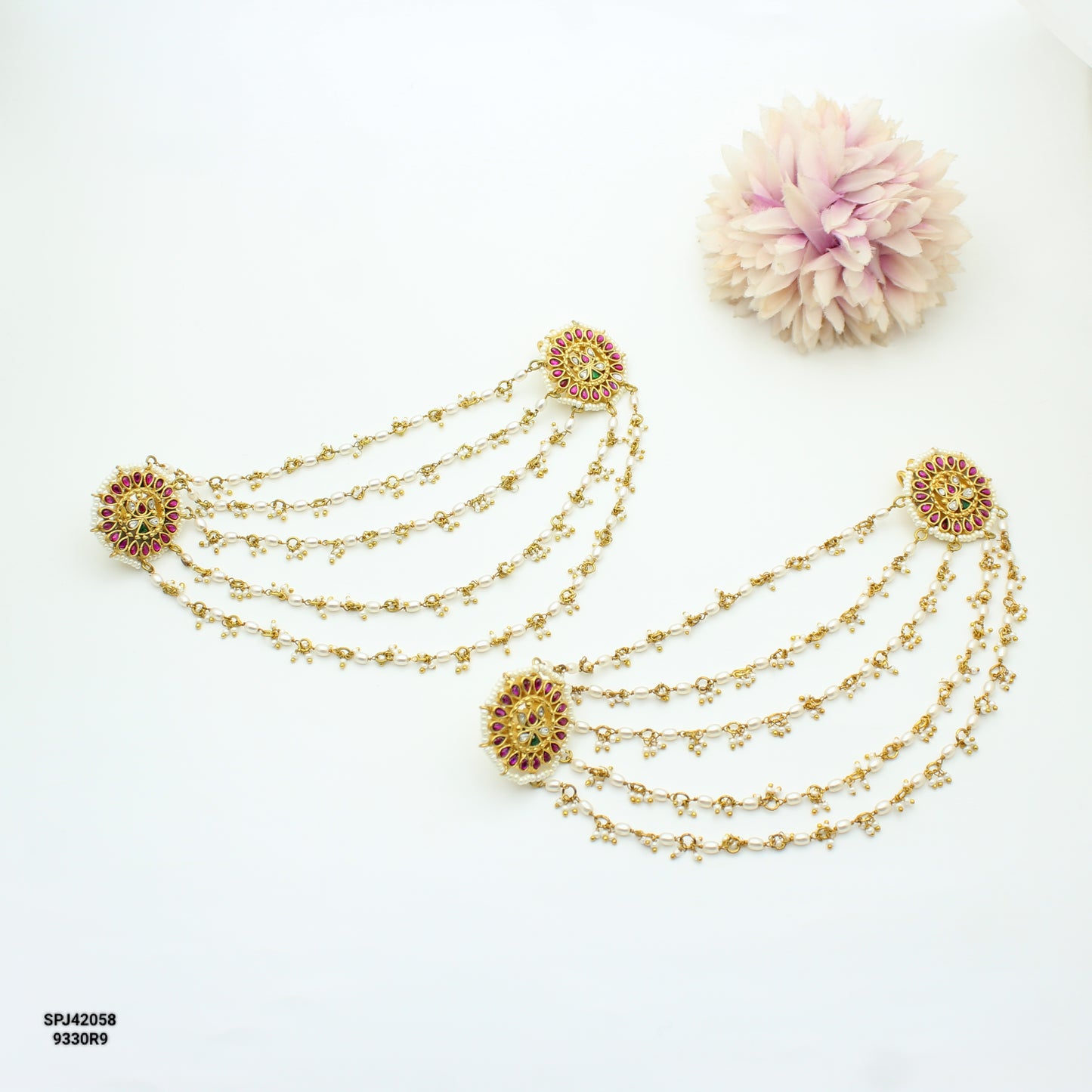 5 Lines Pearls Champaswaralu With Jadau Studs