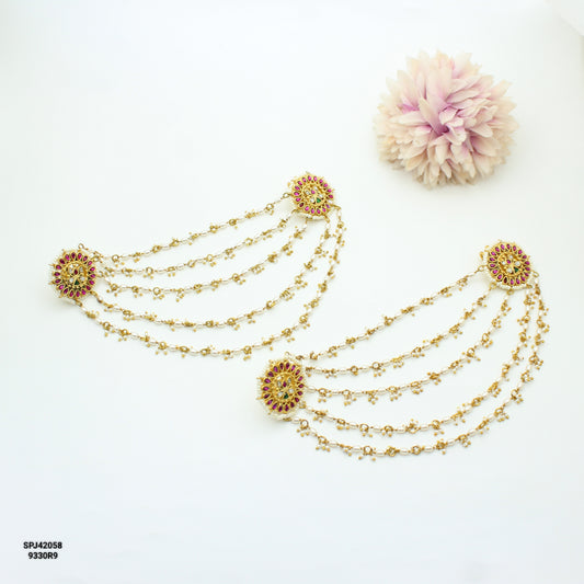 5 Lines Pearls Champaswaralu With Jadau Studs