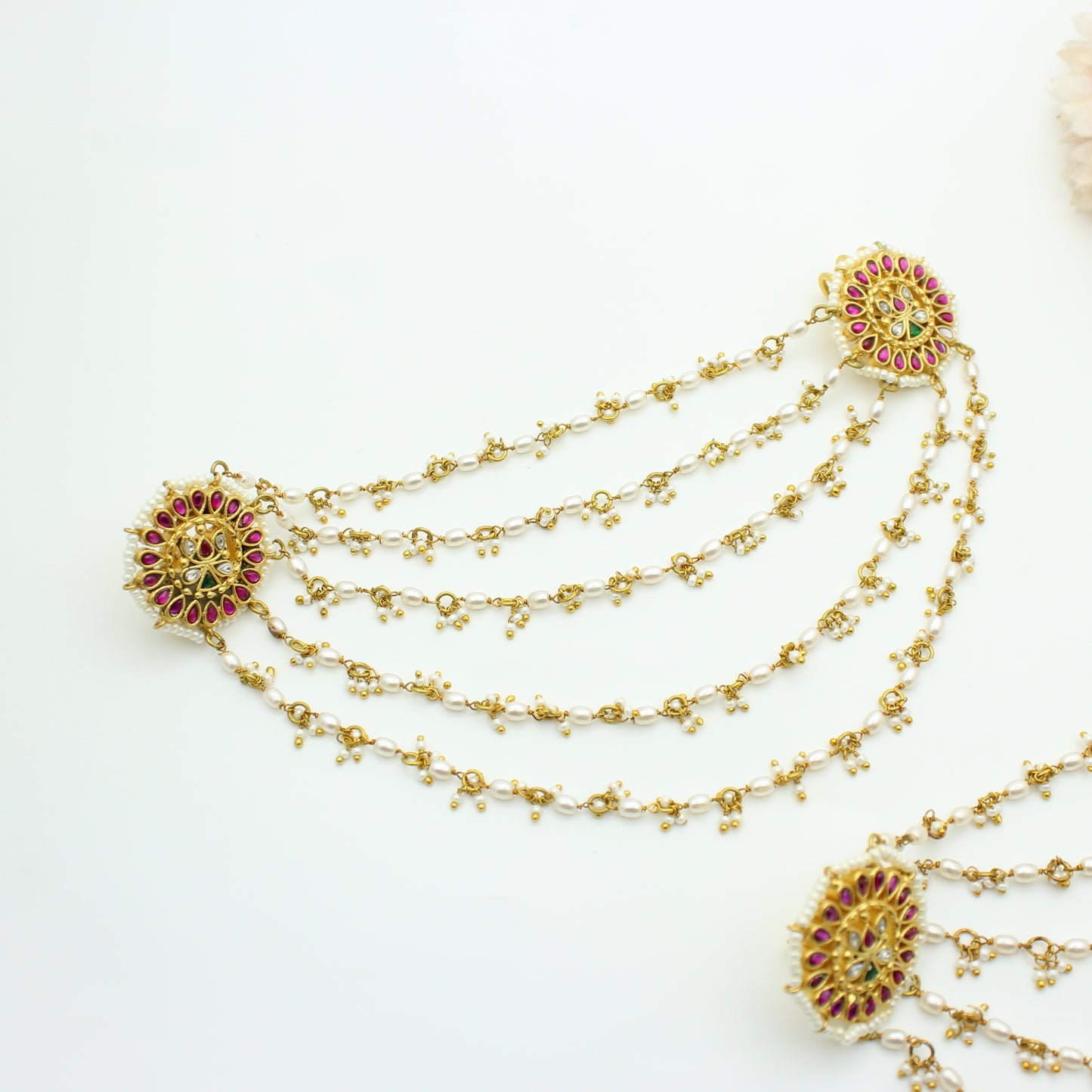 5 Lines Pearls Champaswaralu With Jadau Studs
