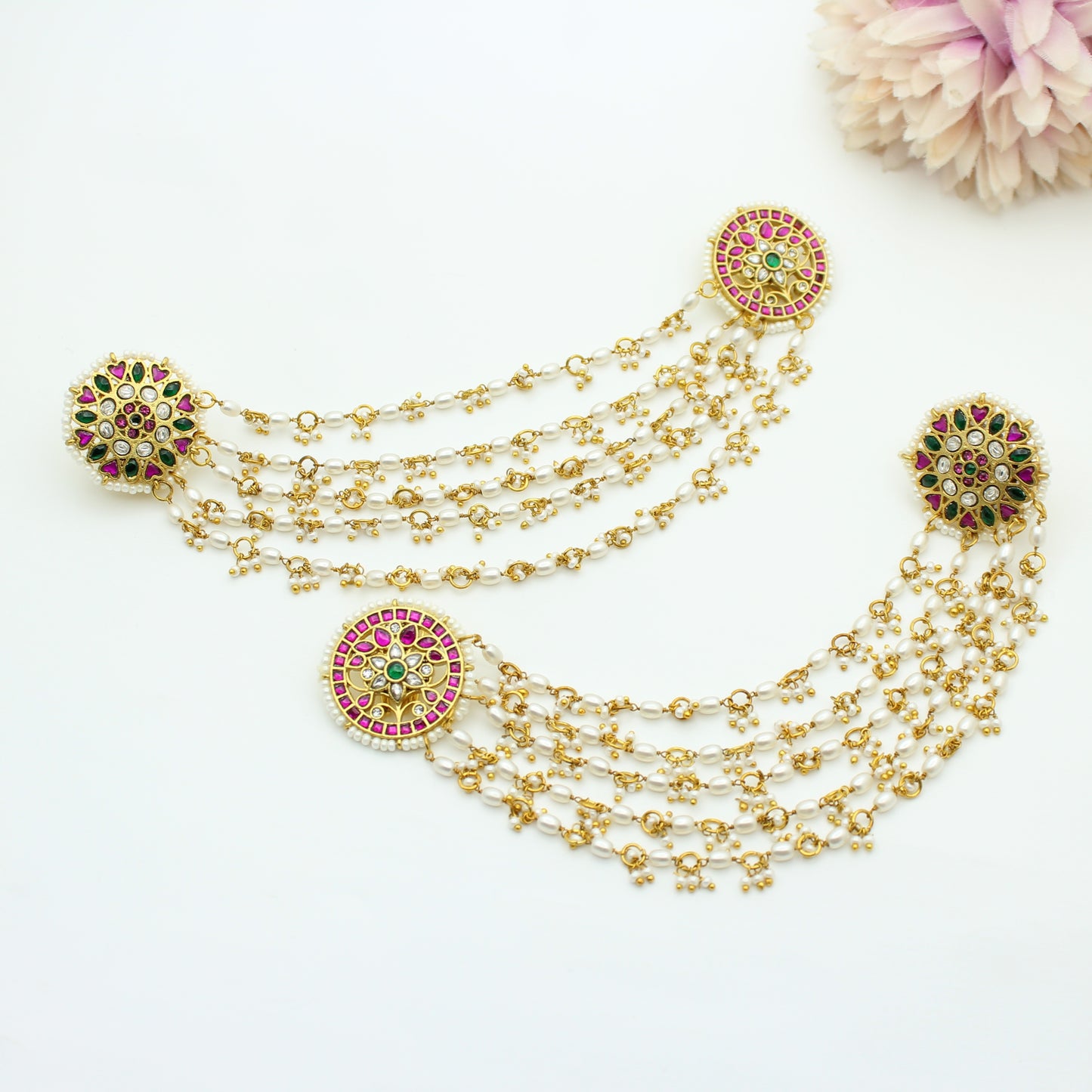 5 Lines Pearls Champaswaralu With Jadau Studs
