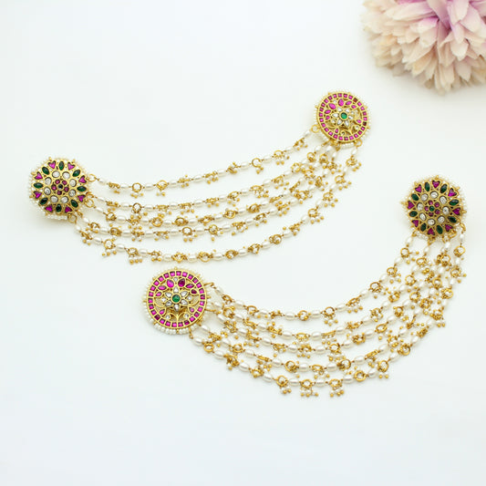 5 Lines Pearls Champaswaralu With Jadau Studs