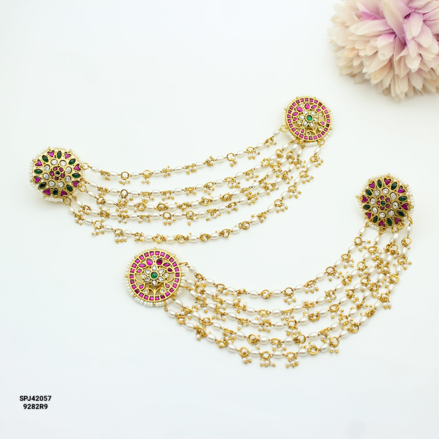 5 Lines Pearls Champaswaralu With Jadau Studs