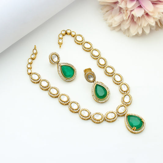 Victorian Moissanite Green Stone Short Necklace With Screw Back Earrings