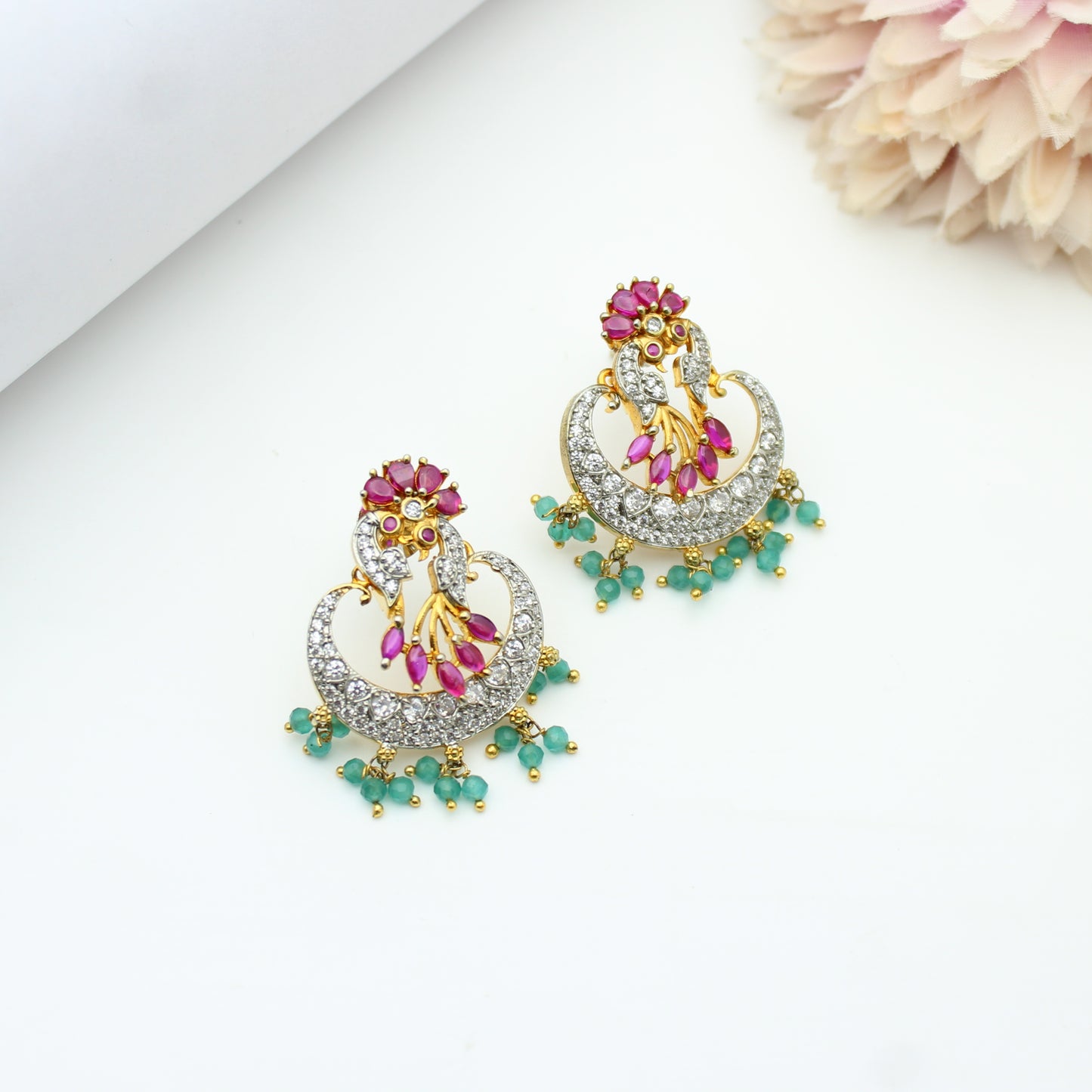 Platinum Peacock Earrings Green & Red