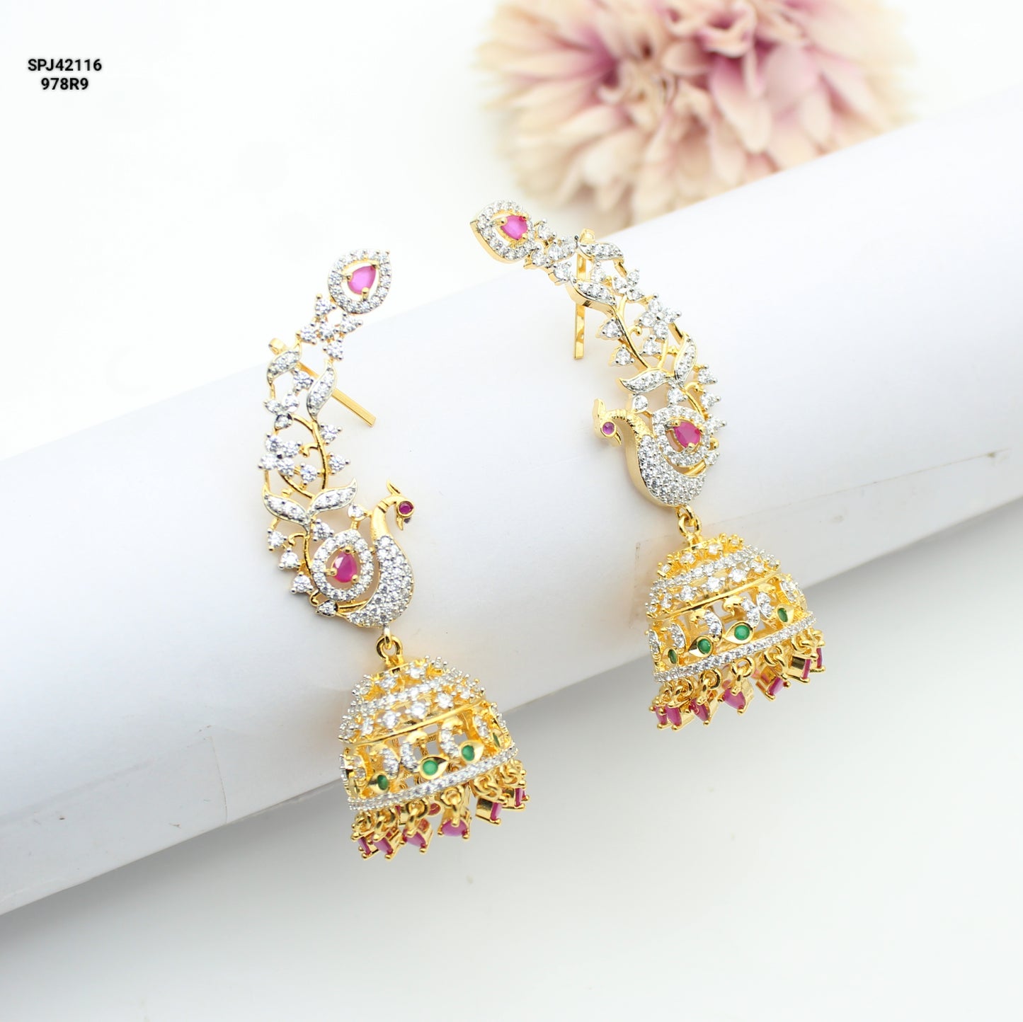 GJ Peacock Ear Cuffs Red With Push Back