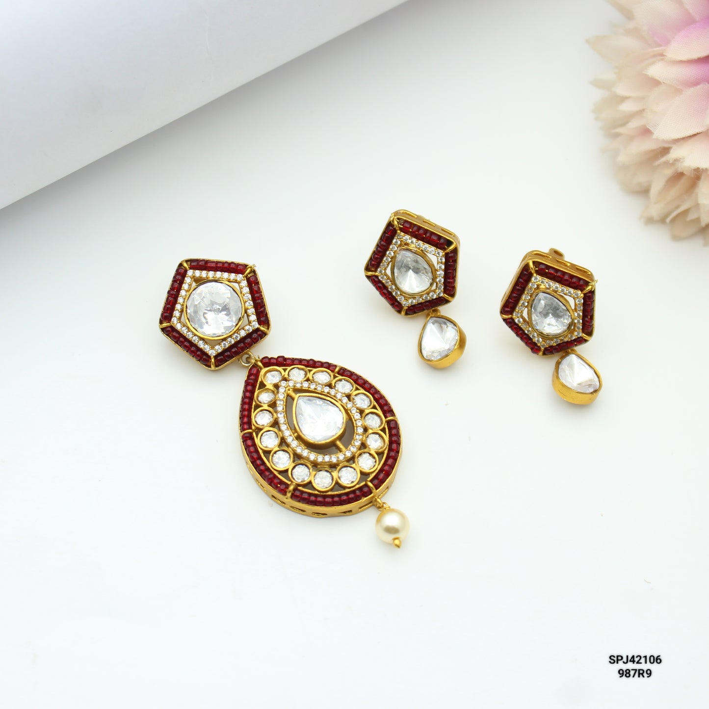 White Moissanite Pendant Set With Screw Back Earrings
