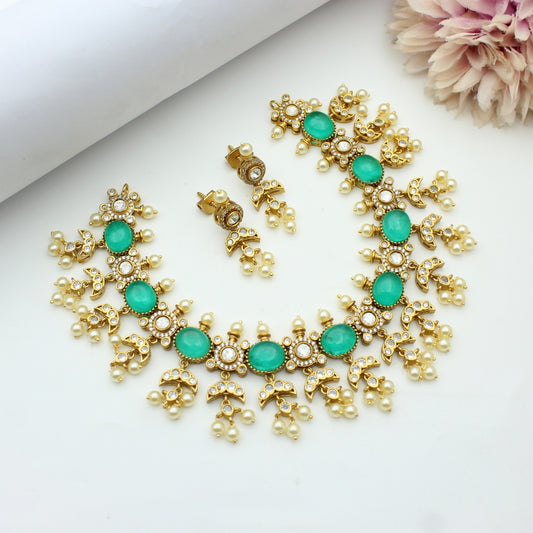 Victorian Moissanite Mint Green Short Necklace With Screw Back Earrings