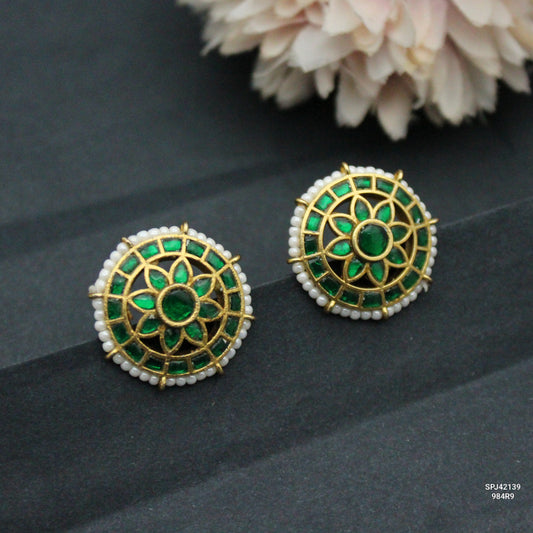 Jadau Flower Studs Green Screw Back