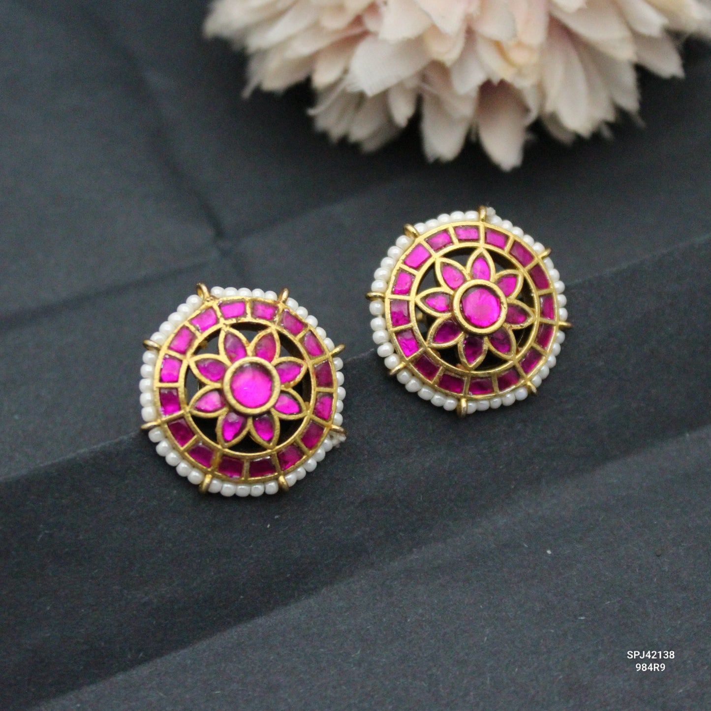 Jadau Flower Red Studs Screw Back