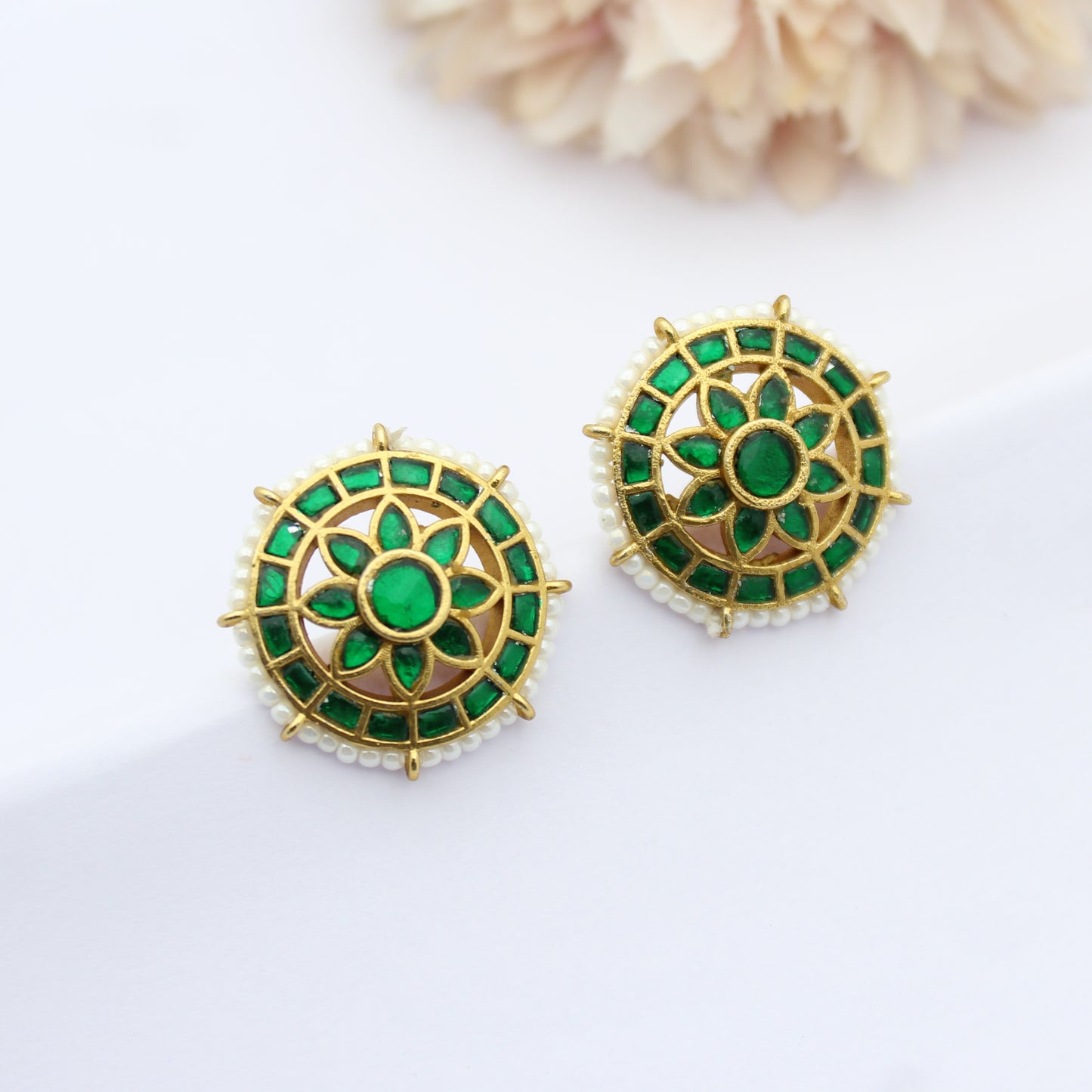 Jadau Flower Studs Green Screw Back