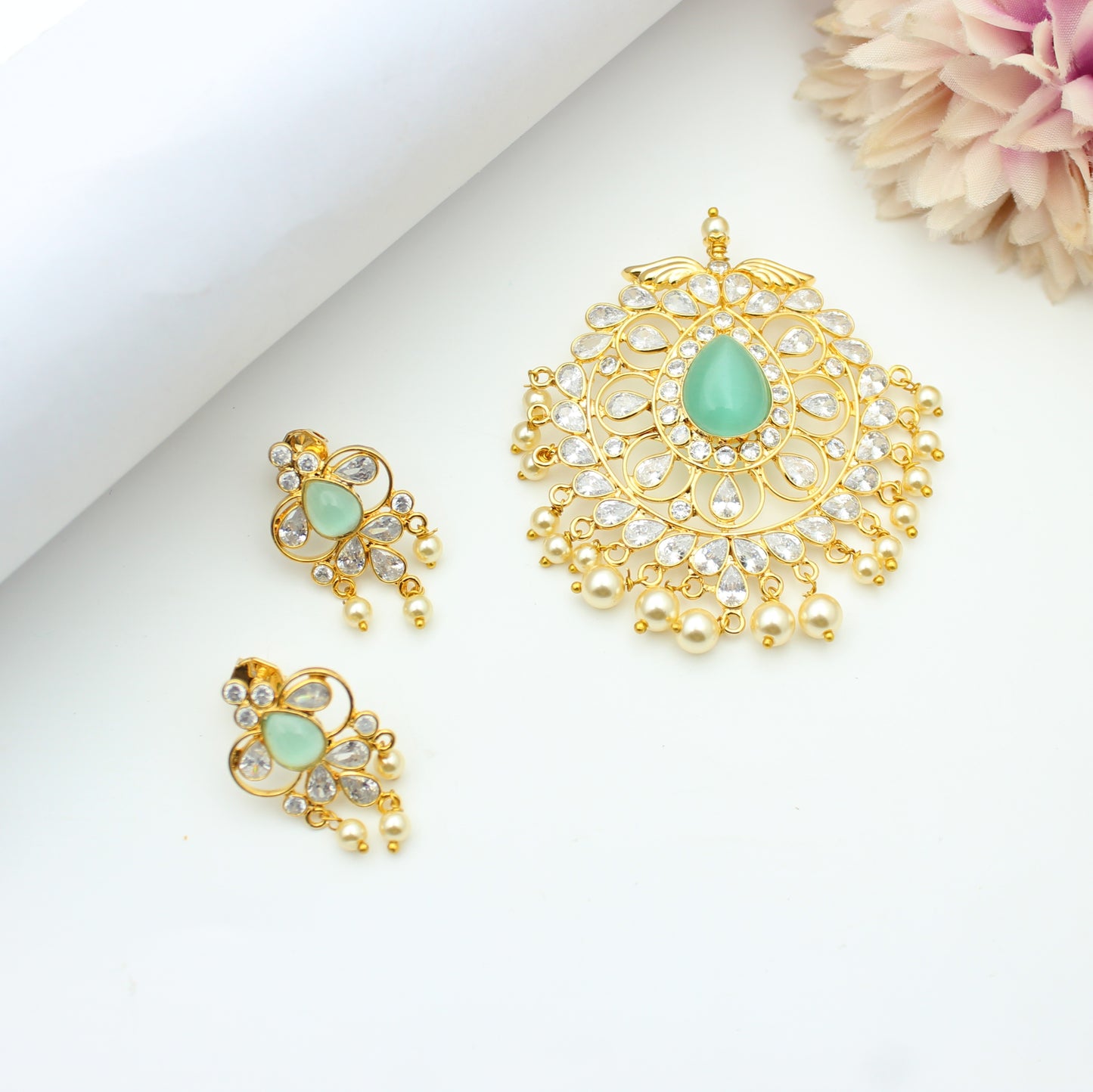 Uncut Stone Mint Green Pendant Set With Screw Back Earrings