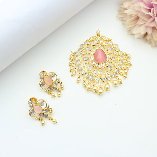 Uncut Stone Baby Pink Pendant Set With Screw Back Earrings