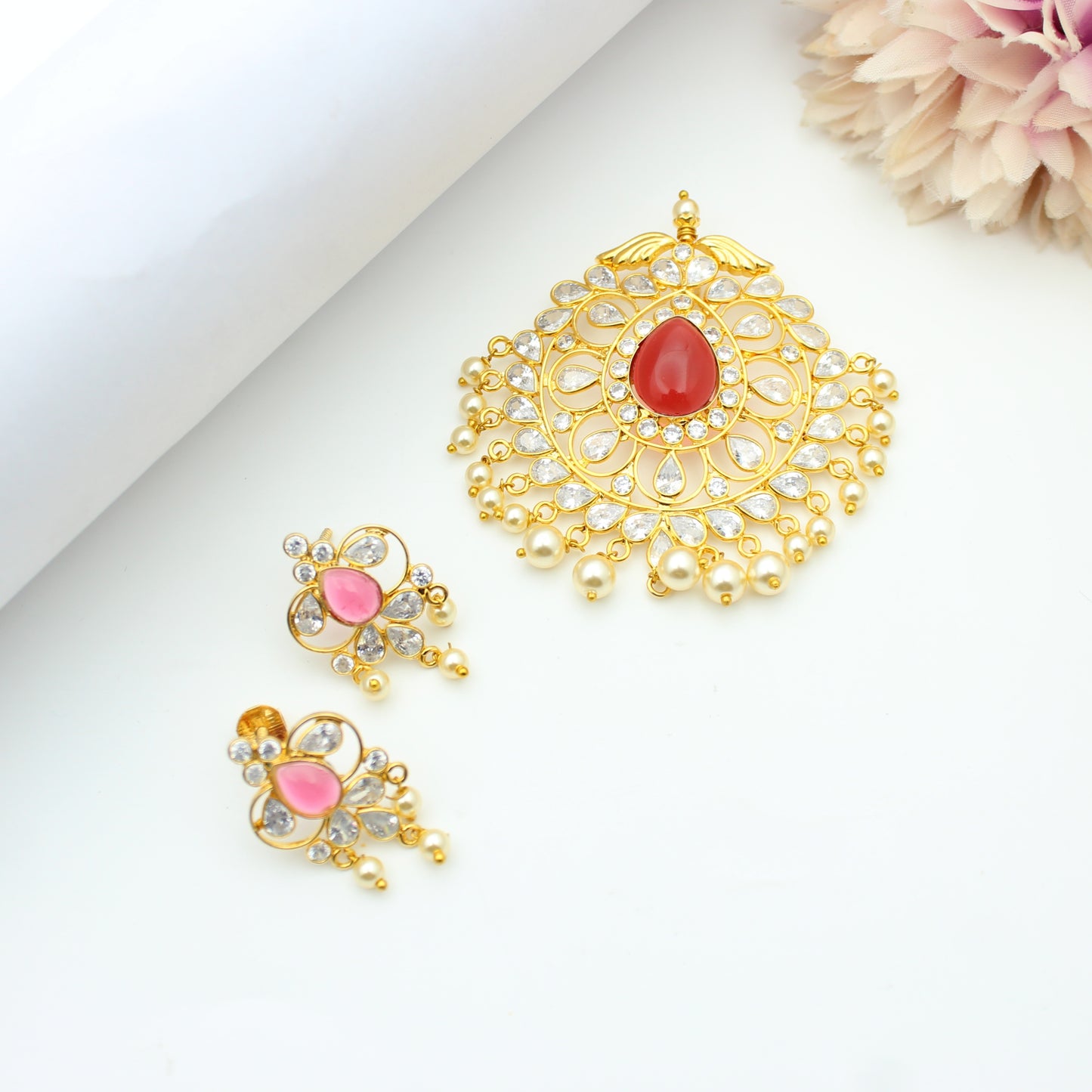 Uncut Stone Pendant Set Red With Screw Back Earrings