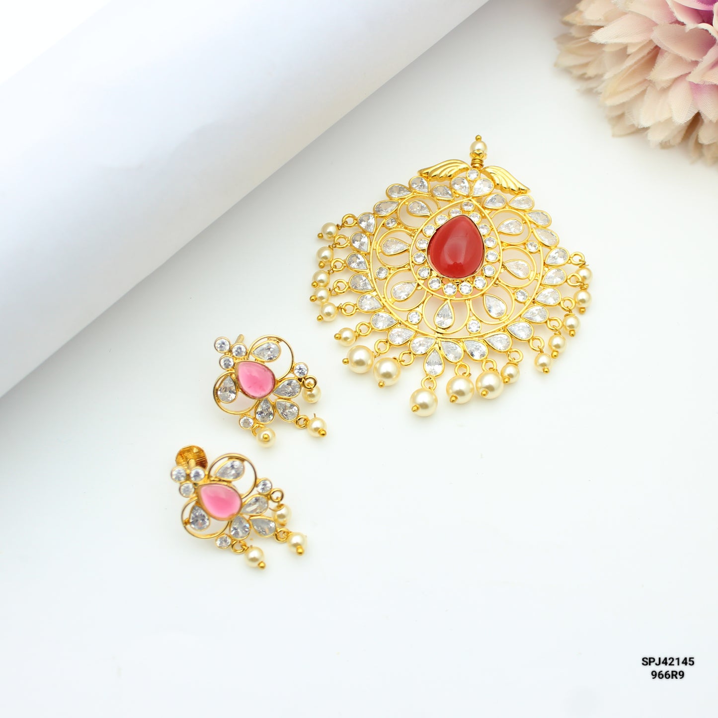 Uncut Stone Pendant Set Red With Screw Back Earrings