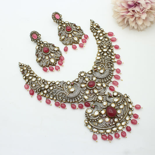 Victorian Broad Necklace Red With Push Back Earrings