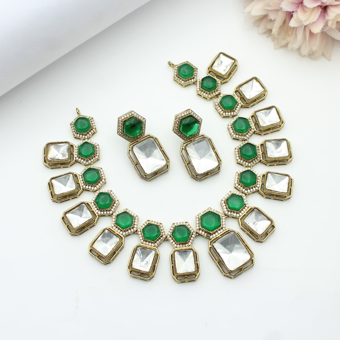 Moissanite Kundan Green Short Necklace Set With Push Back Earrings