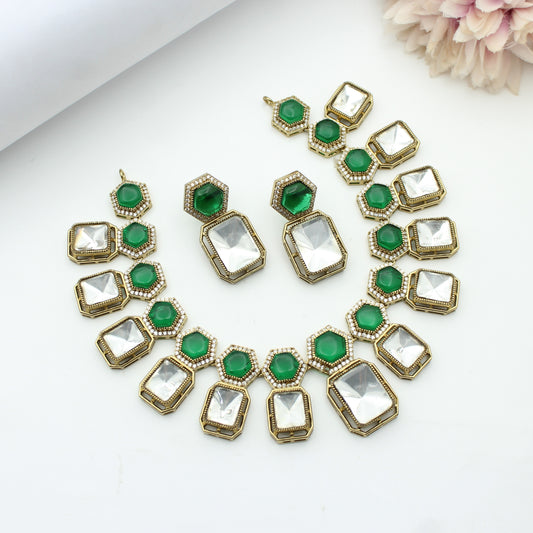 Moissanite Kundan Green Short Necklace Set With Push Back Earrings