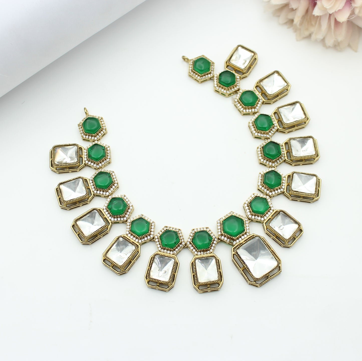 Moissanite Kundan Green Short Necklace Set With Push Back Earrings