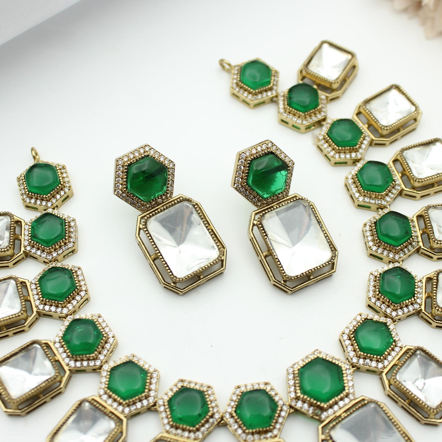 Moissanite Kundan Green Short Necklace Set With Push Back Earrings