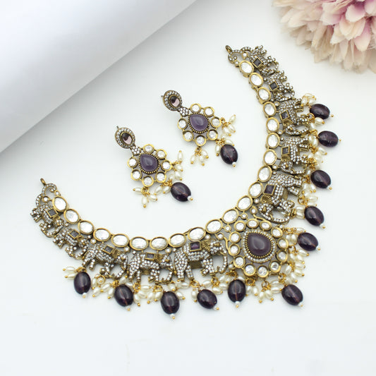 Victorian Elephant Moissanite Short Necklace Purple