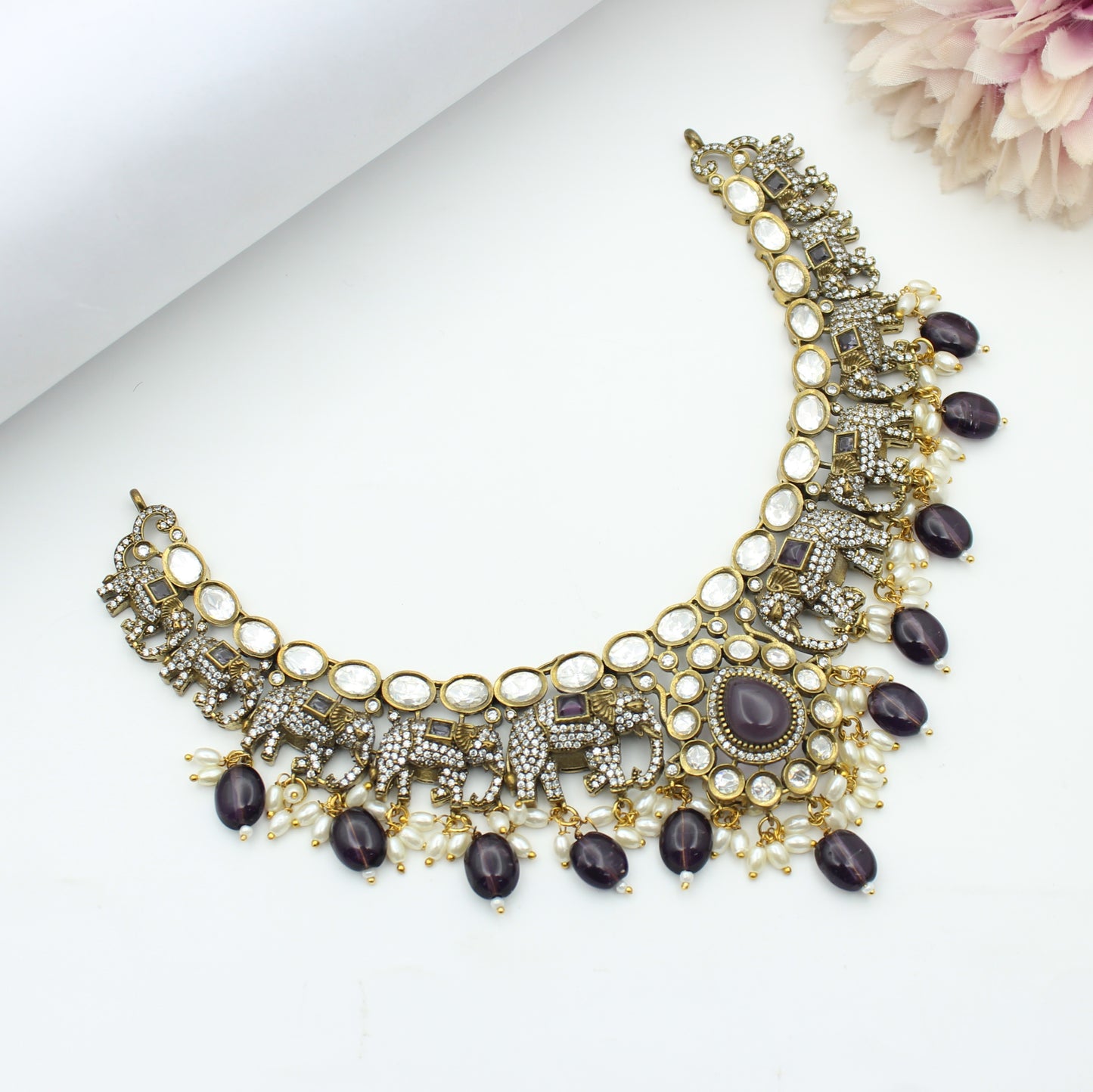 Victorian Elephant Moissanite Short Necklace Purple