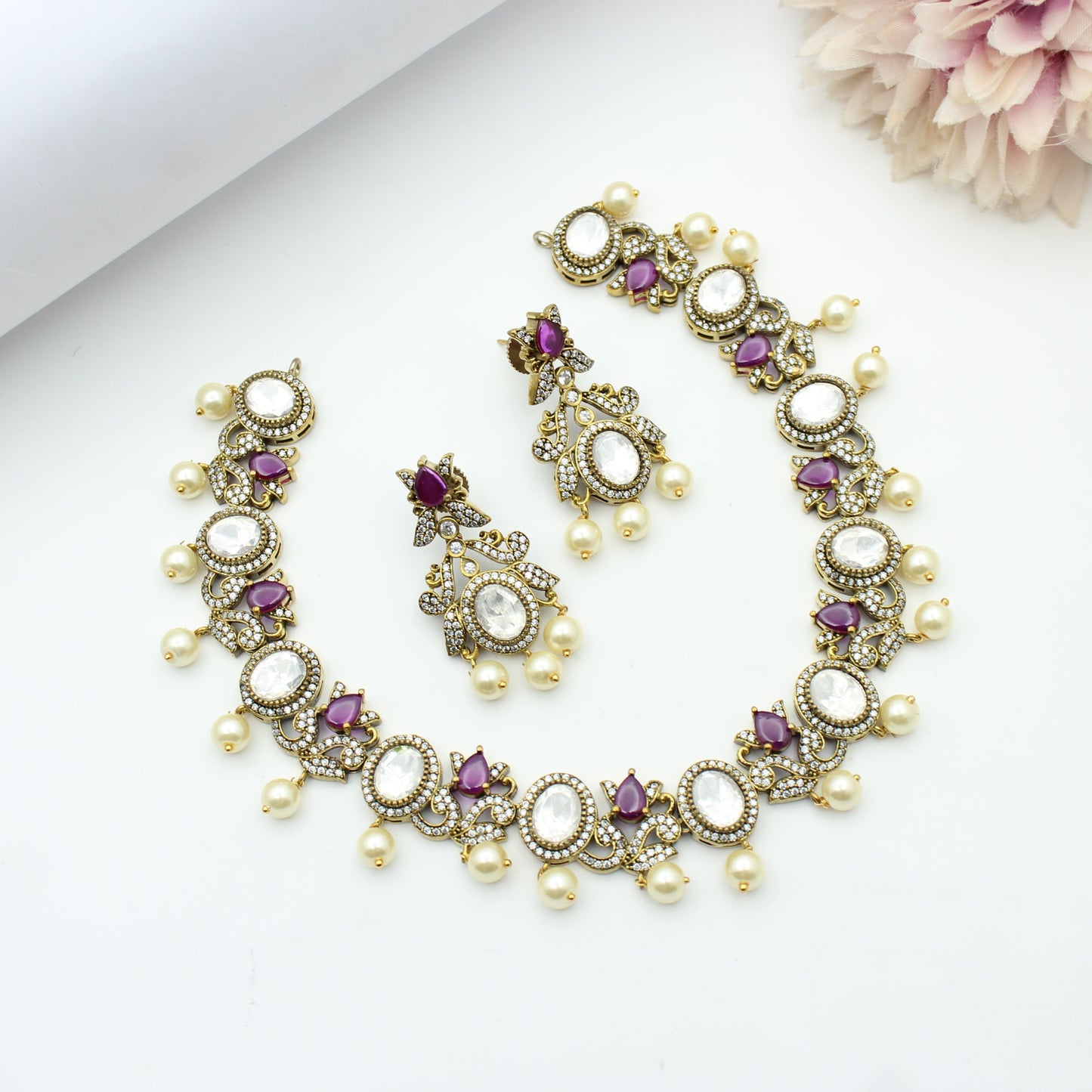 Victorian Mehendi single line short necklace with Ruby and Moissanite stones