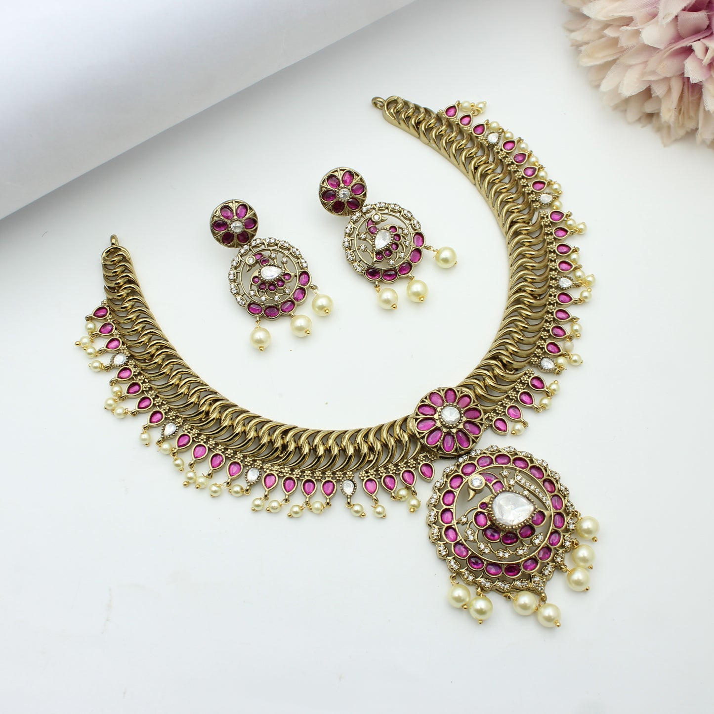 Victorian Jalebi Short Pink And Moissanite Stone Necklace With Push Back Earrings