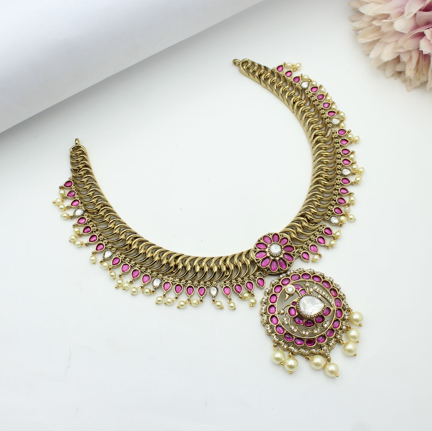 Victorian Jalebi Short Pink And Moissanite Stone Necklace With Push Back Earrings