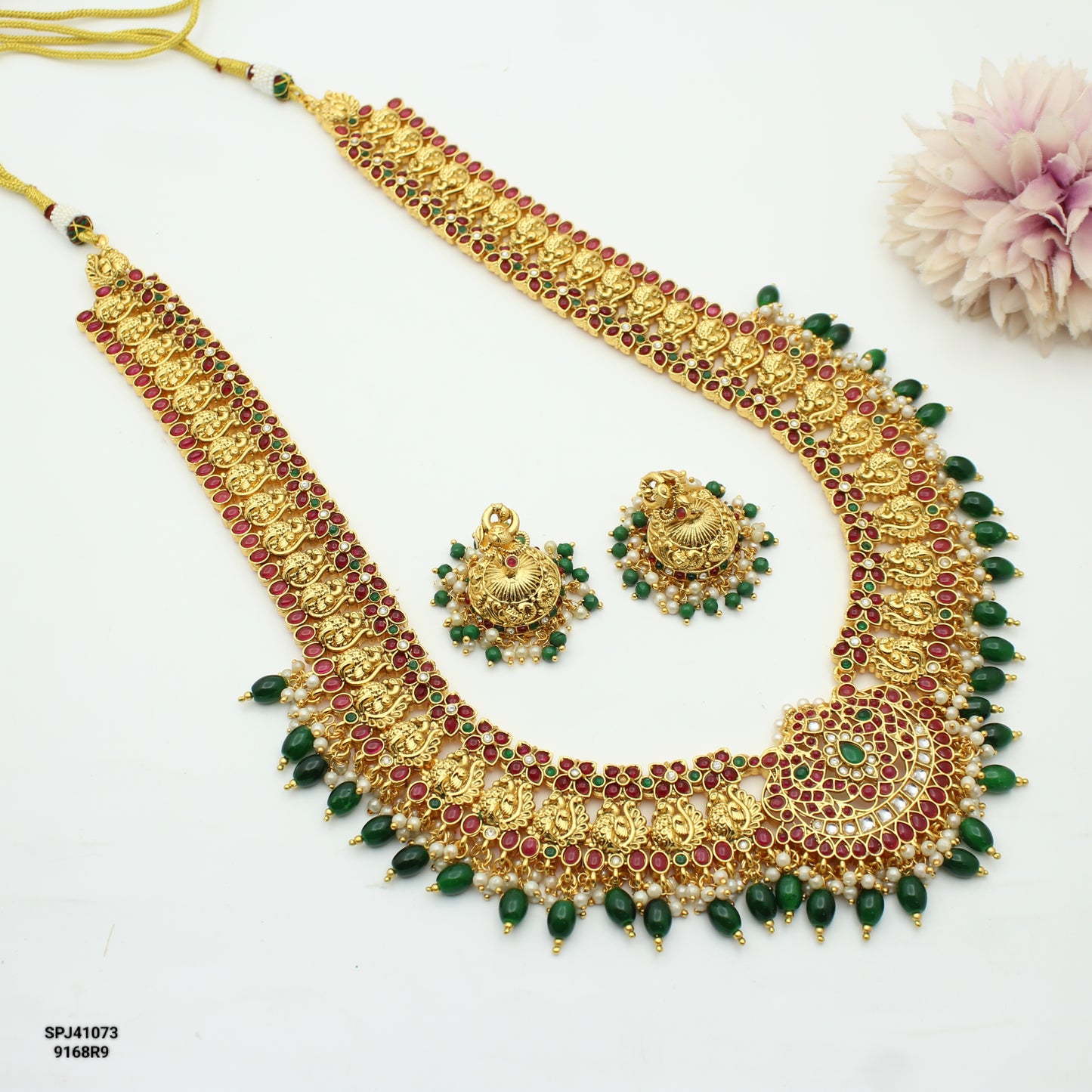 Pota Stone Peacock Necklace Set Long With Push Back Earrings