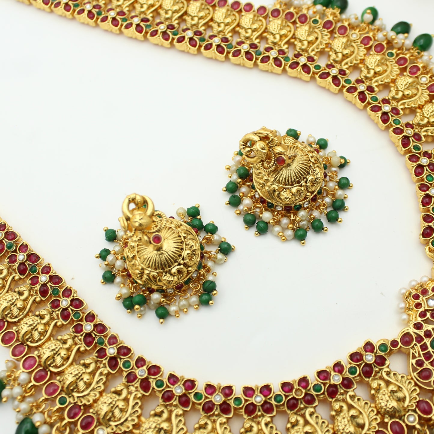 Pota Stone Peacock Necklace Set Long With Push Back Earrings