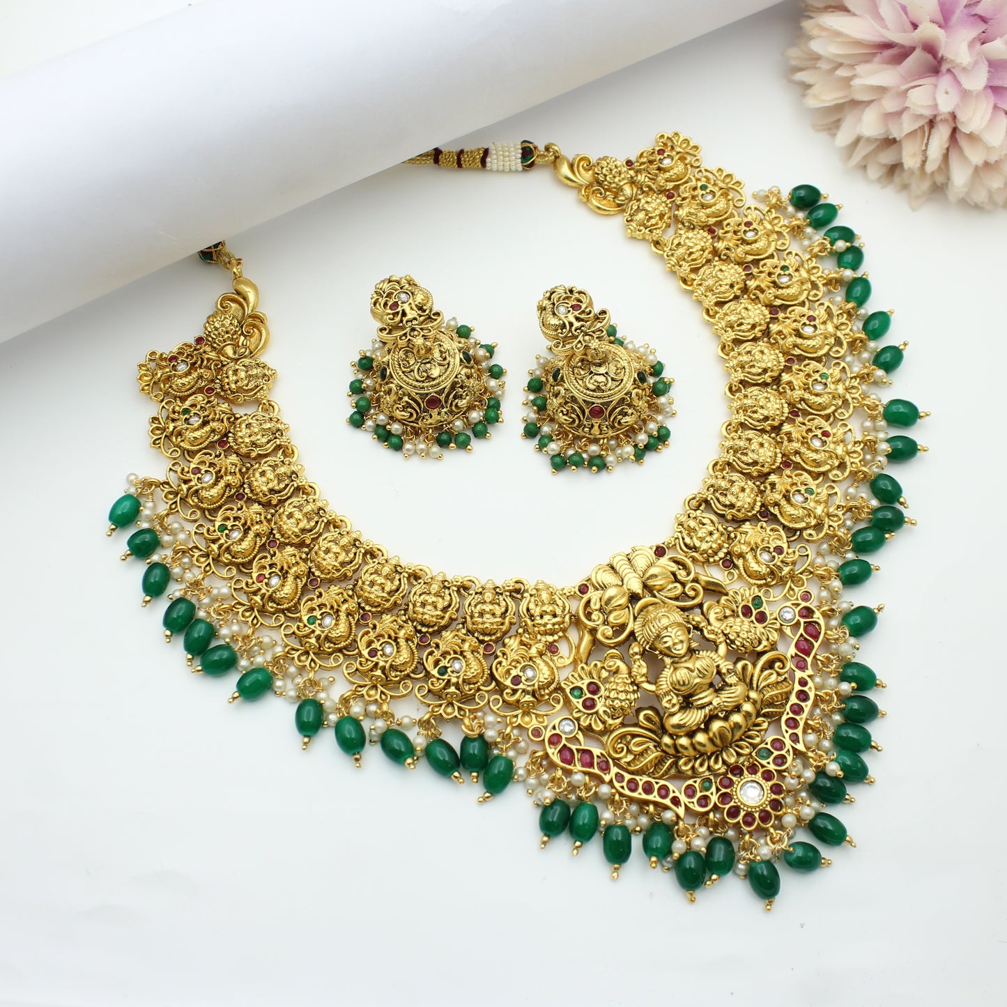 Nakshi Laxmi Broad Necklace Set With Push Back Earrings