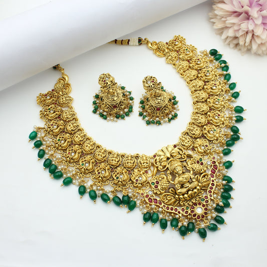 Nakshi Laxmi Broad Necklace Set With Push Back Earrings