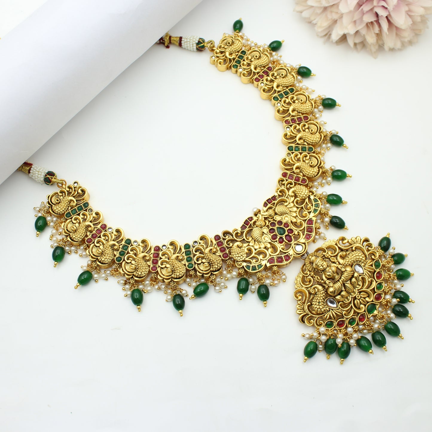Nakshi Laxmi Peacock Short Necklace Multi With Push Back Earrings