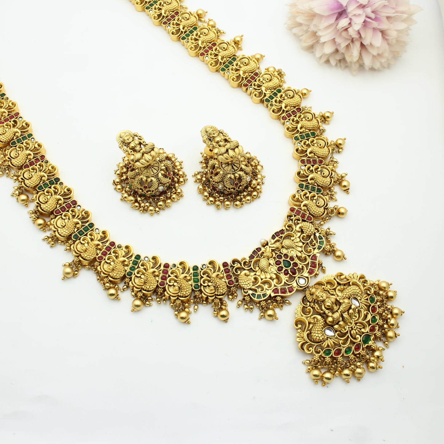 Nakshi Multi Pota Stone Long Golden Balls Necklace With Push Back Earrings