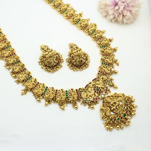 Nakshi Multi Pota Stone Long Golden Balls Necklace With Push Back Earrings